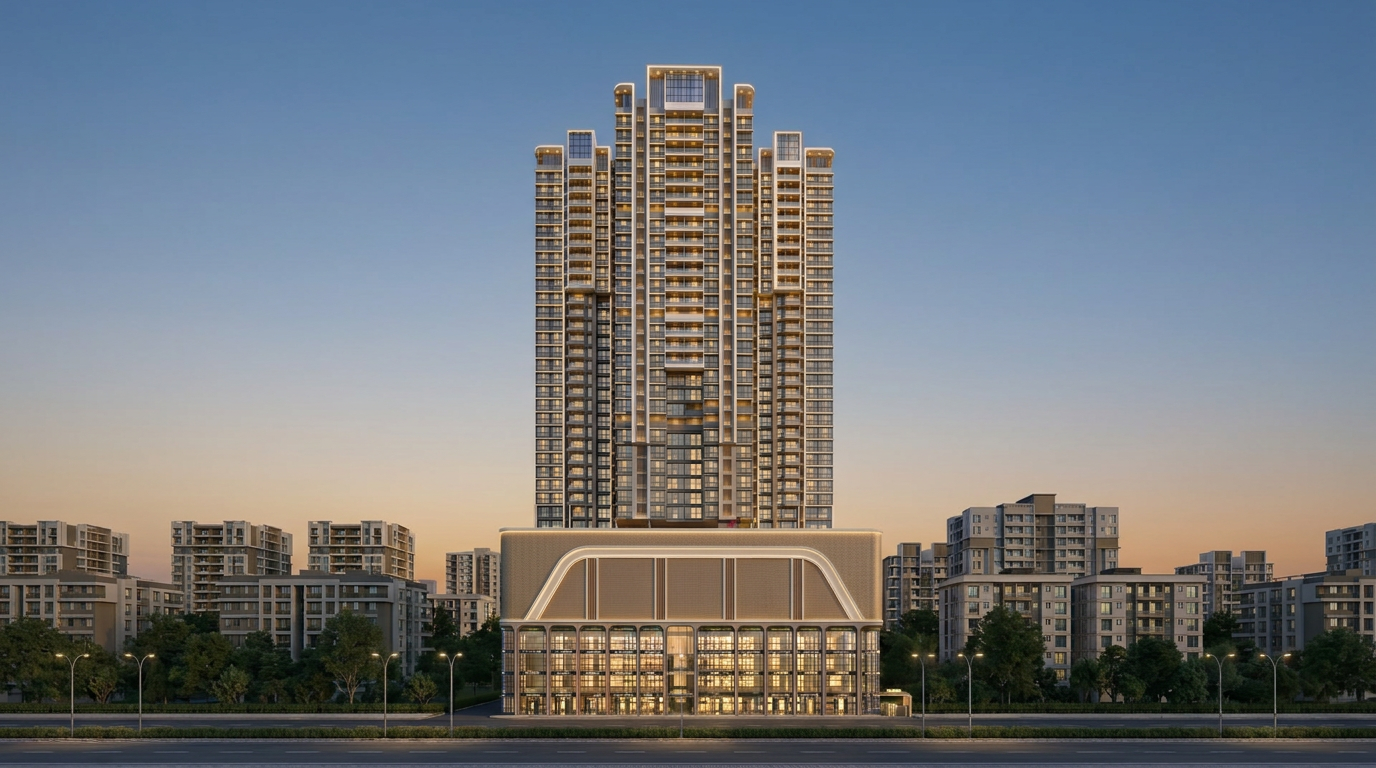 Illustrative dusk impression of a residential tower above an illuminated retail podium; representative imagery, not the actual project