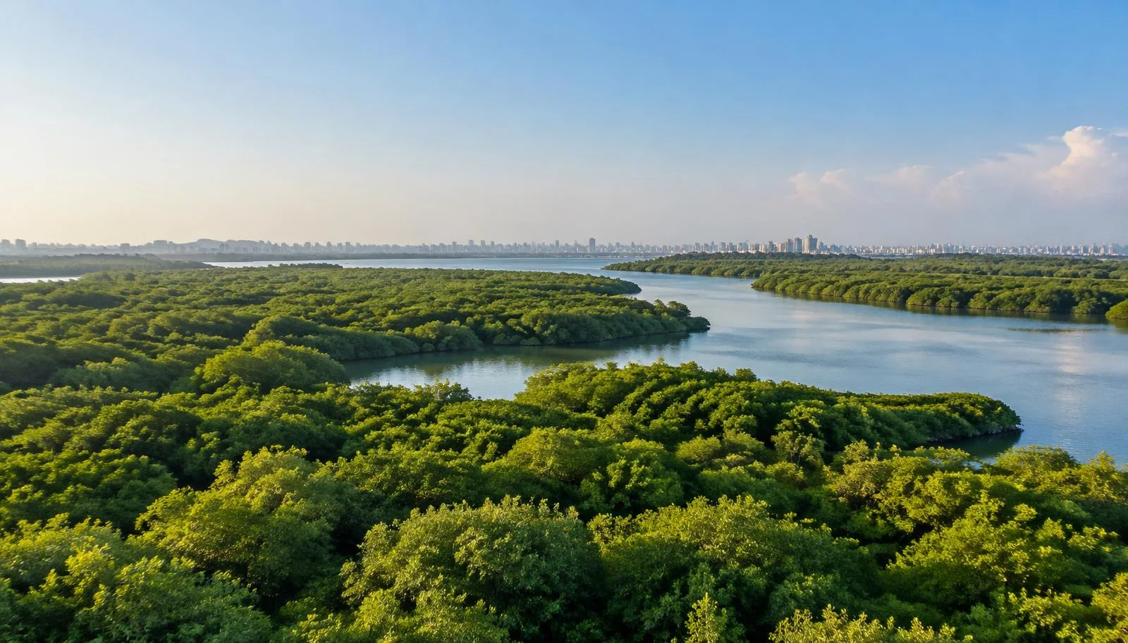 Generated representative coastal mangrove landscape; not a site photograph or a view from an actual apartment